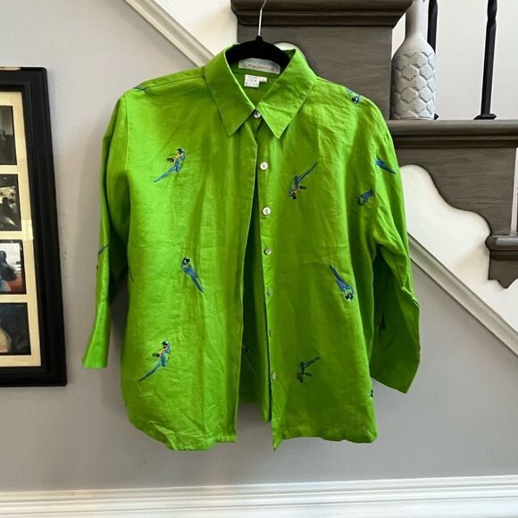 Casey Coleman Green Linen Parrot Embroidered Button Down Shirt sz S EUC - Picture 1 of 4